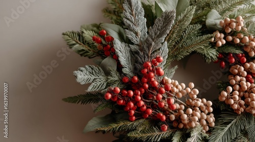 Festive Christmas wreath adorned with berries and foliage peeking into frame for holiday decor inspiration