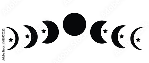 Moon phase, star icon set. Moon phases icon in flat style silhouette symbol design. Set of moon phase, star icon vector illustration on white background.