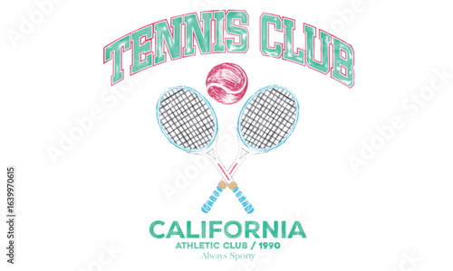 Tennis court graphic design. Tennis club artwork for t shirt, posters, stickers, background and others. oil pastel design. California local tennis club.
