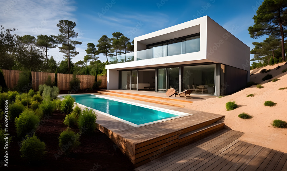 Fototapeta premium Modern architectural villa with a pool, surrounded by nature, showcasing a sleek and stylish design with a wooden deck