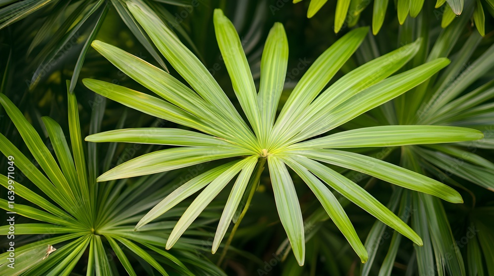Fototapeta premium Lush green palm fronds tropical foliage background