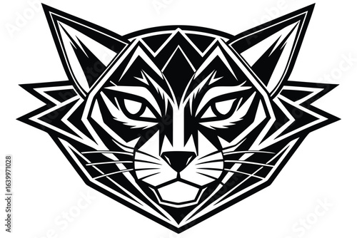Abstract Cat Head with Geometric Pattern Design on White Background Bold Lines