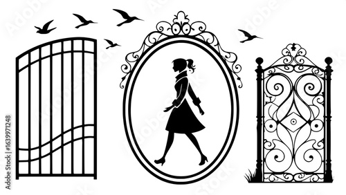 "Three vintage black-and-white silhouettes arranged in a balanced horizontal composition: left, a framed silhouette of a woman walking in a dress with shoulder-length hair, in three-quarter view towar