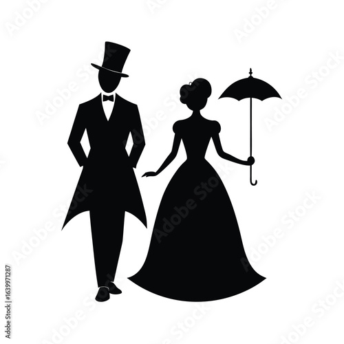 Victorian couple strolling on street silhouette view