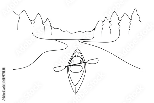 Single line drawing person kayaking down a river with mountains trees canoe water