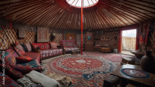 Ornate Mongolian Yurt Interior: A Circular Sanctuary of Rich Textiles and Carved Wood