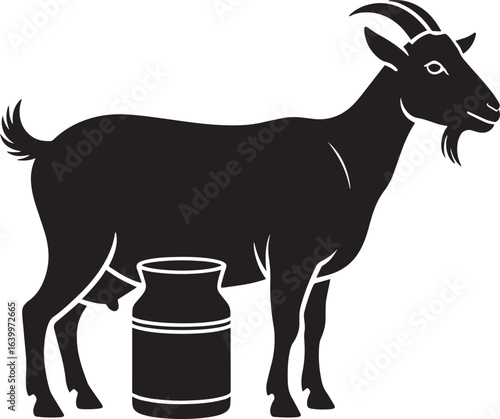 Goat with Milk Can Silhouette Vector Illustration Farm Animal Dairy Farming Symbol Isolated