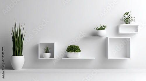 Plants displayed on modern white shelves against a minimalist wall interior