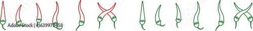 Chili pepper icon set, capsicum collection hot spice vector group, jalapeno silhouette and outline, cayenne symbol bundle, vegetable pictogram pack in line style for seasoning design isolated