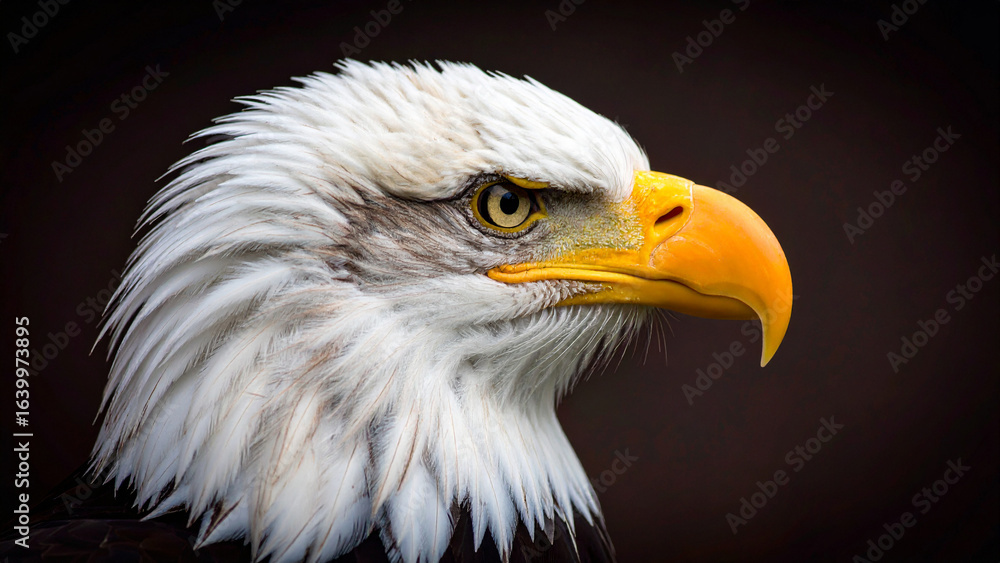 Obraz premium Majestic close-up portrait of a bald eagle in profile. An ultra-realistic view of its intense gaze, white head feathers, and sharp beak.