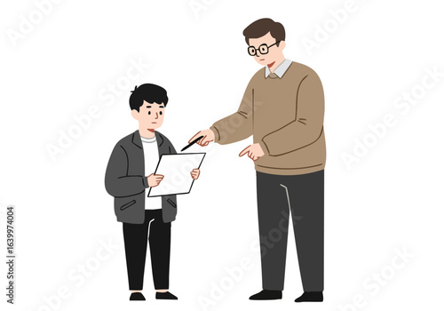 A father guides his son through homework, pointing to a written assignment. Warm, supportive learning environment. Clear, focused interaction.