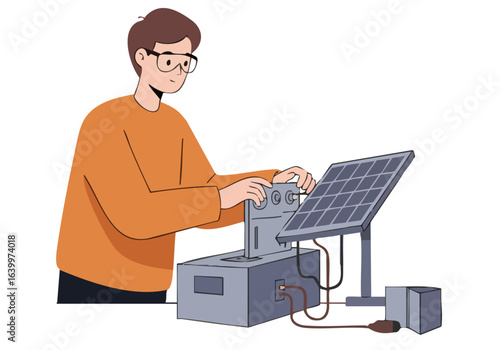 A young man adjusts a solar panel system, showcasing sustainable energy. Clean, modern illustration with a focus on technology and environmental awareness.