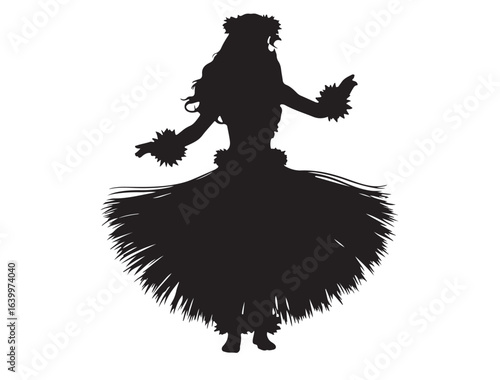Hula dancer mid-step with grass skirt and lei 