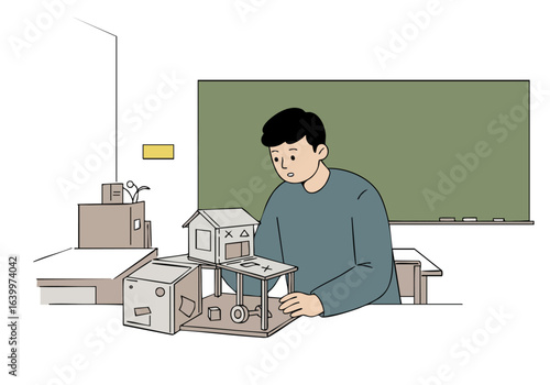 A young man meticulously builds a miniature house model on a classroom desk. Focused and detailed, showcasing a creative project. Clean, modern illustration style.