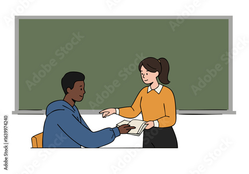 A female teacher guides a student, offering assistance with a book. Warm colors and a focused interaction create a supportive learning environment. Suitable for education and mentorship themes.