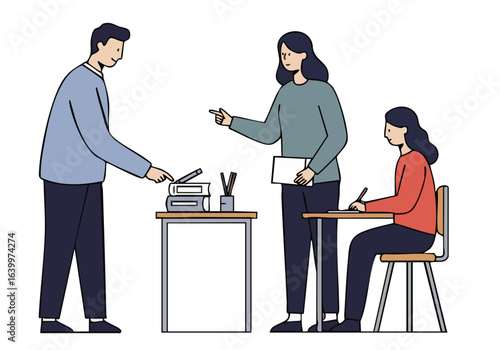 A teacher inspects a student's work at a desk, providing guidance. Clean, modern illustration style.
