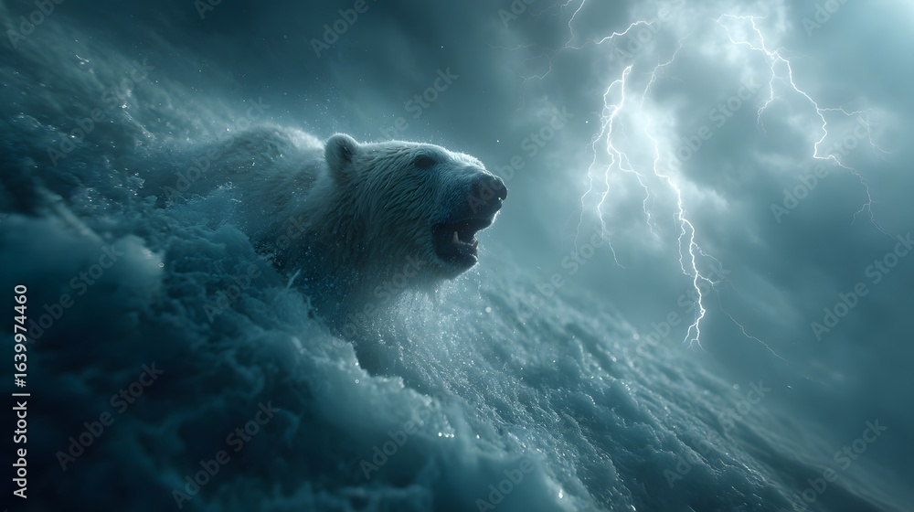 Naklejka premium Polar Bear Battling Stormy Waves Under Dramatic Lightning Sky