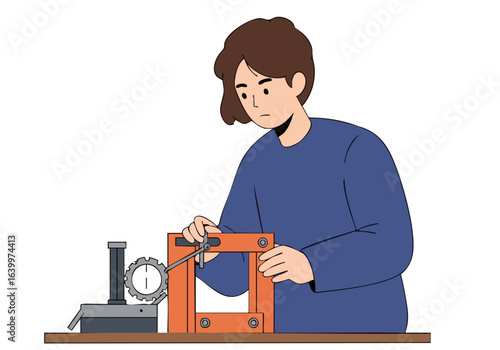 A young woman carefully adjusts a mechanical device, focused and slightly concerned. Detailed illustration with a workbench and tools. Modern, graphic style.