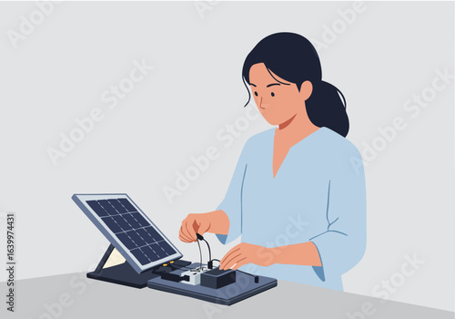 A young woman experiments with a solar panel setup on a workbench. She?s focused and engaged, demonstrating a practical, technical project. Clean, modern aesthetic.