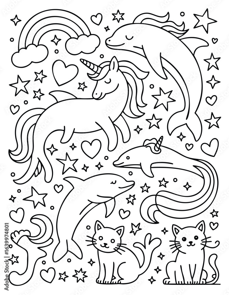 Obraz premium Whimsical Line Art: Unicorns, Dolphins, Cats, Rainbows, and Stars - Coloring Page Design