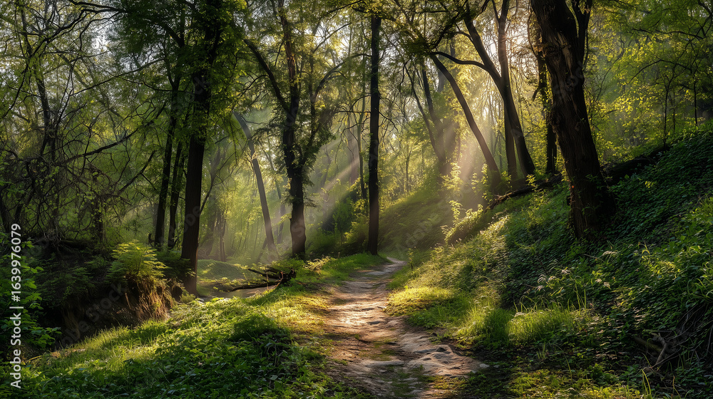 Obraz premium Path through spring forest with sunbeams breaking through leaves