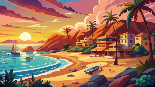Sunset view of Treasure Island Beach at the Montage in Laguna Beach, California, United States, golden horizon, gentle waves, warm light, coastal beauty, serene atmosphere, picturesque shoreline, peac