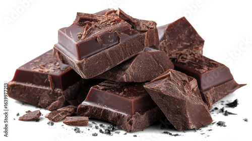 Broken chocolate pieces on white background