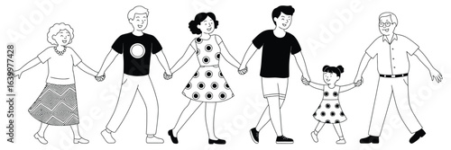Three Generation Happy Family Dancing Silhouette EPS 10 Vector Illustration Featuring Grandparents, Parents, and Child Holding Hands, Black Silhouettes Only with No White Elements