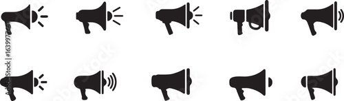 Collection of Ten Black Megaphone Icons on White Background bullhorn speaker