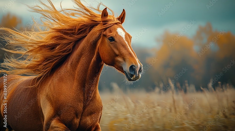Obraz premium Majestic horse with flowing mane running through the wind