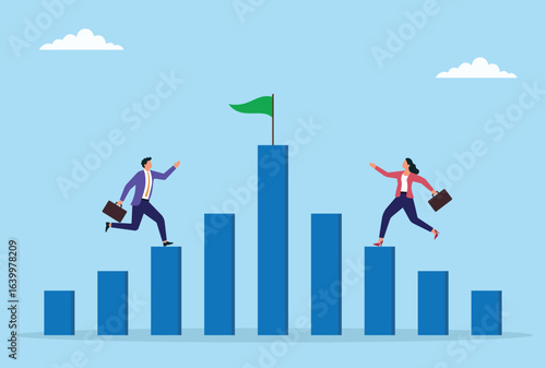 Business professionals racing up bar chart steps towards a goal, symbolizing ambition, competition, teamwork, and striving for success in the workplace

