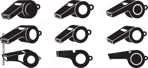 Nine black silhouette whistle icons in three rows on a white background sports referee