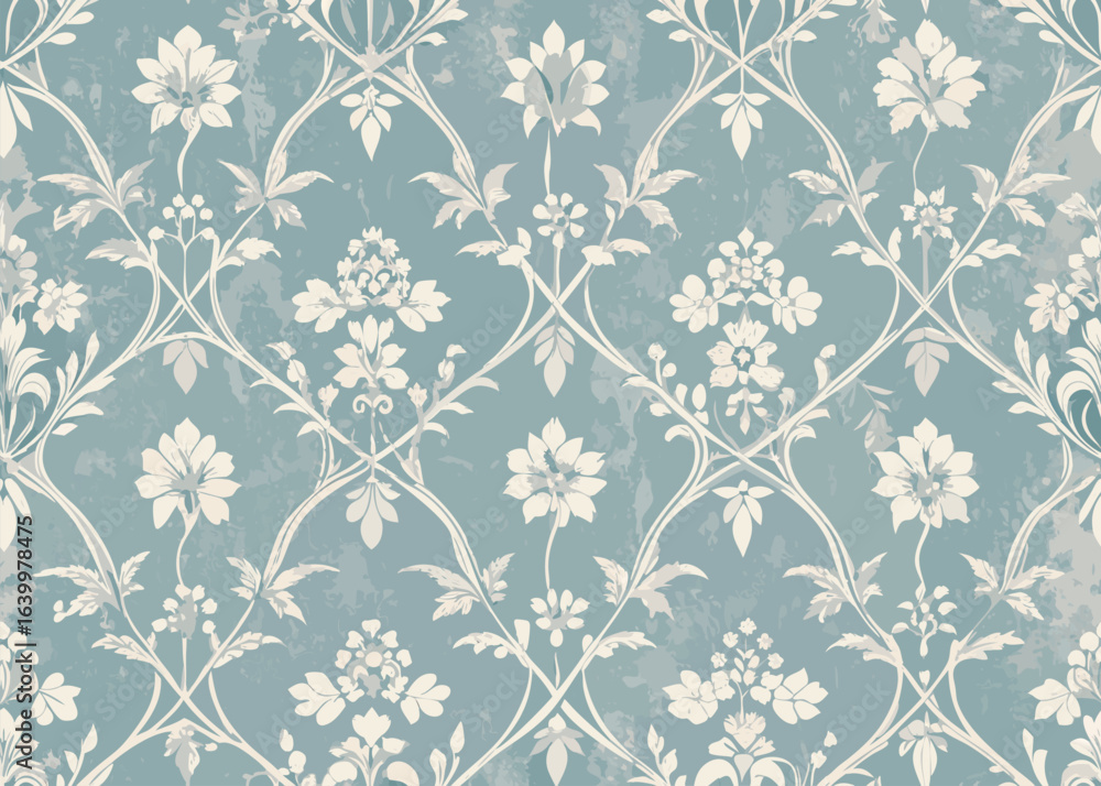 A weathered vintage wallpaper design with a classic damask pattern