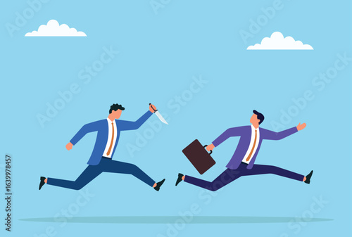 Vector illustration of a businessman chasing another businessman with a knife, symbolizing workplace conflict, competition, aggression, or intense professional rivalry
