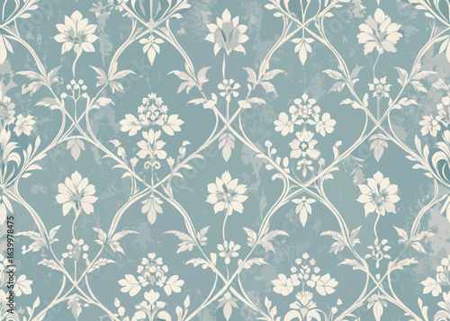 A weathered vintage wallpaper design with a classic damask pattern