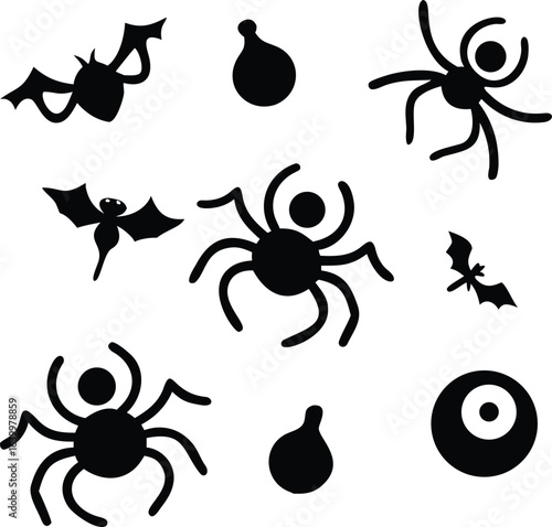 Black Halloween Icons Featuring Bats Spiders Eyeball and Droplets on White Background vector illustration