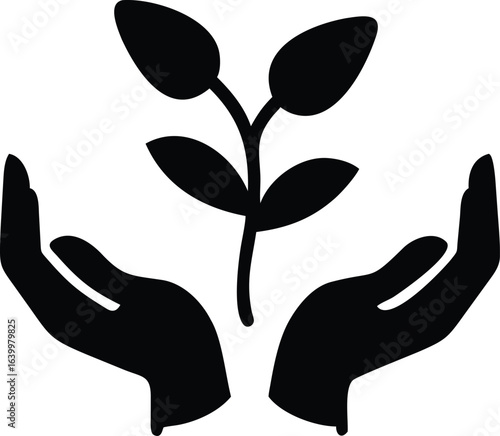 Black icon of two cupped hands holding a small plant with leaves sprout
