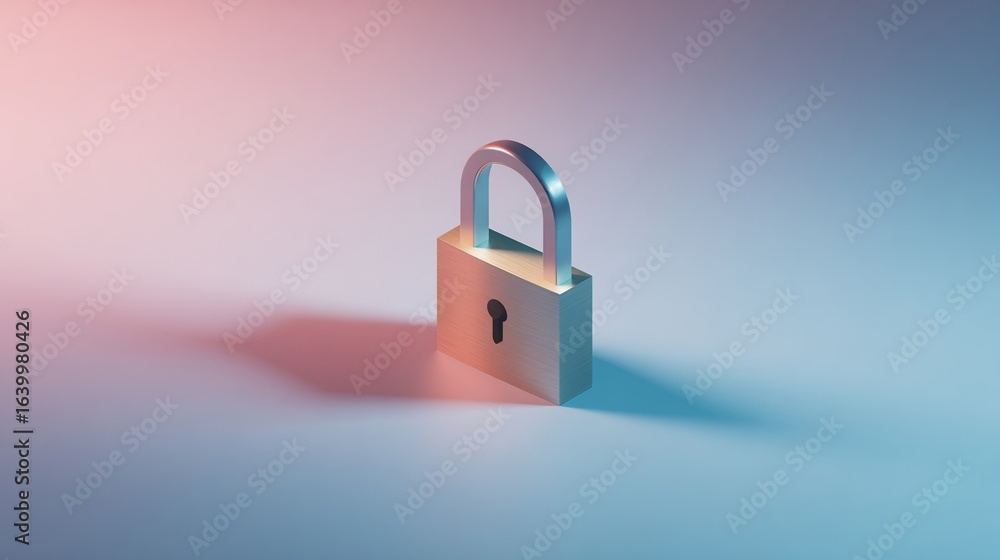 Naklejka premium Silver Padlock Stands Alone, Illuminated by Red & Blue Lighting on White Surface