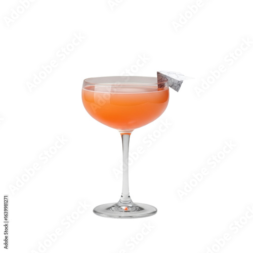 A hazy orange-pink Paper Plane cocktail in a clear coupe glass, with a tiny folded paper plane garnish, isolated on a transparent background, bright studio lighting, concept for beverage advertising