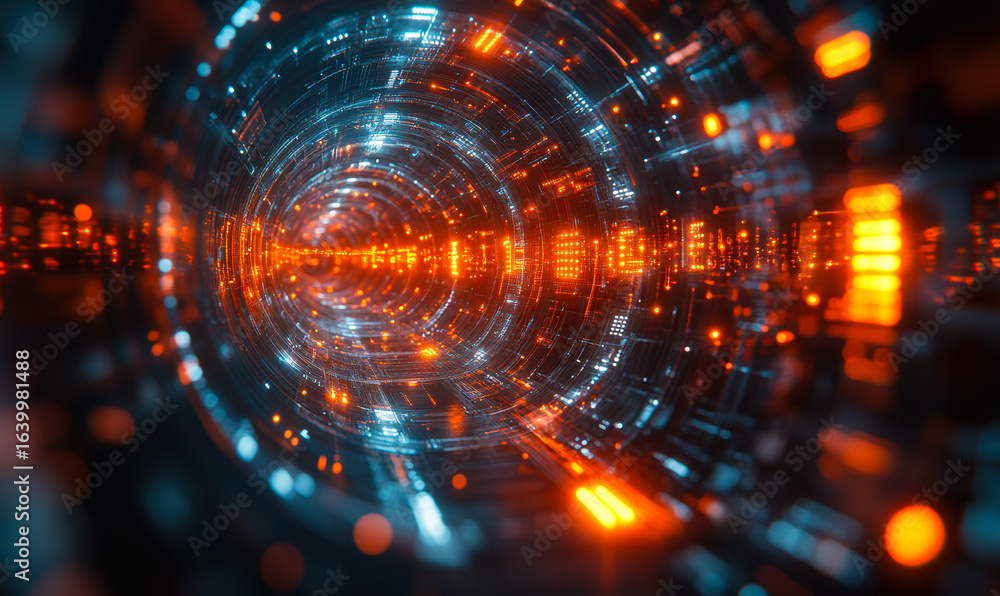 Obraz premium Futuristic digital tunnel with glowing orange and blue circuit elements representing quantum computing data flow and ion trap technology concept