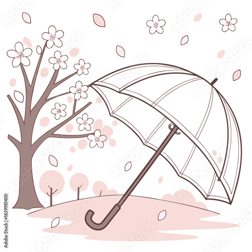 Springtime Serenade: An open umbrella shields against a shower of delicate cherry blossoms falling gently from a blossoming tree in a charming, serene scene. 