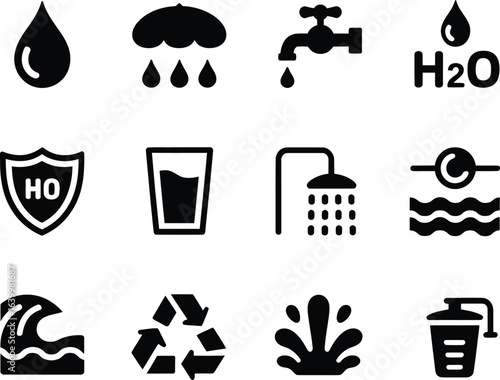 Collection of black water related icons representing different aspects of water usage and conservation