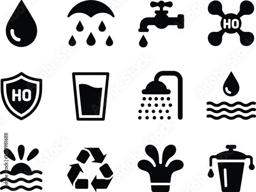 Collection of black water related icons representing different aspects of water usage and conservation