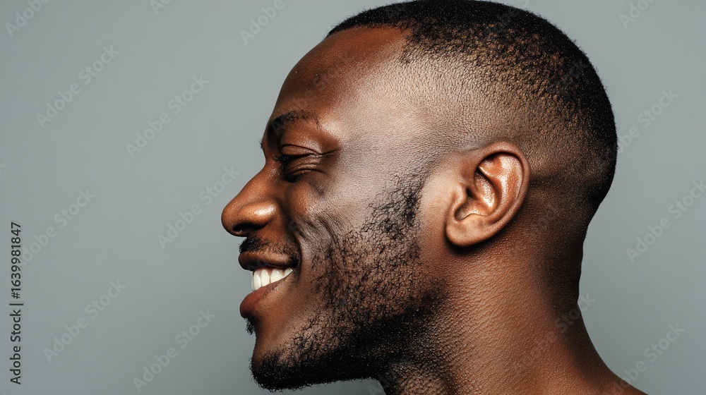 Fototapeta premium Smiling Black Man in Profile on Grey Background, Showing Positive Emotion
