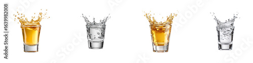 Set of Whiskey and water splashing in shot glasses isolated on transparent background