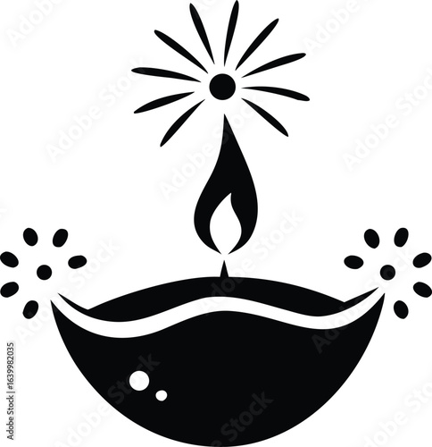 Black silhouette of a diya with fireworks and a flame lamp oil lamp