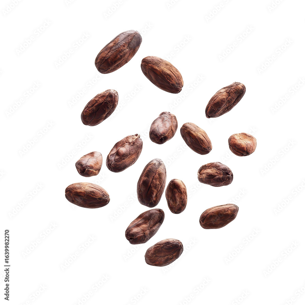 Obraz premium Dried Cocoa beans or seed falling in the air, cascade of dried cocoa beans suspended in the air, isolated on transparent background