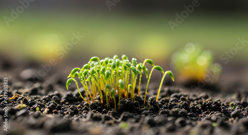 Macro shot of fresh green moss sprouts emerging from moist ground, soft blurred background, nature close-up photography.