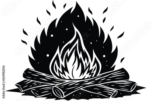 Black bonfire shows burning campfire with hot flame emitting heat and light