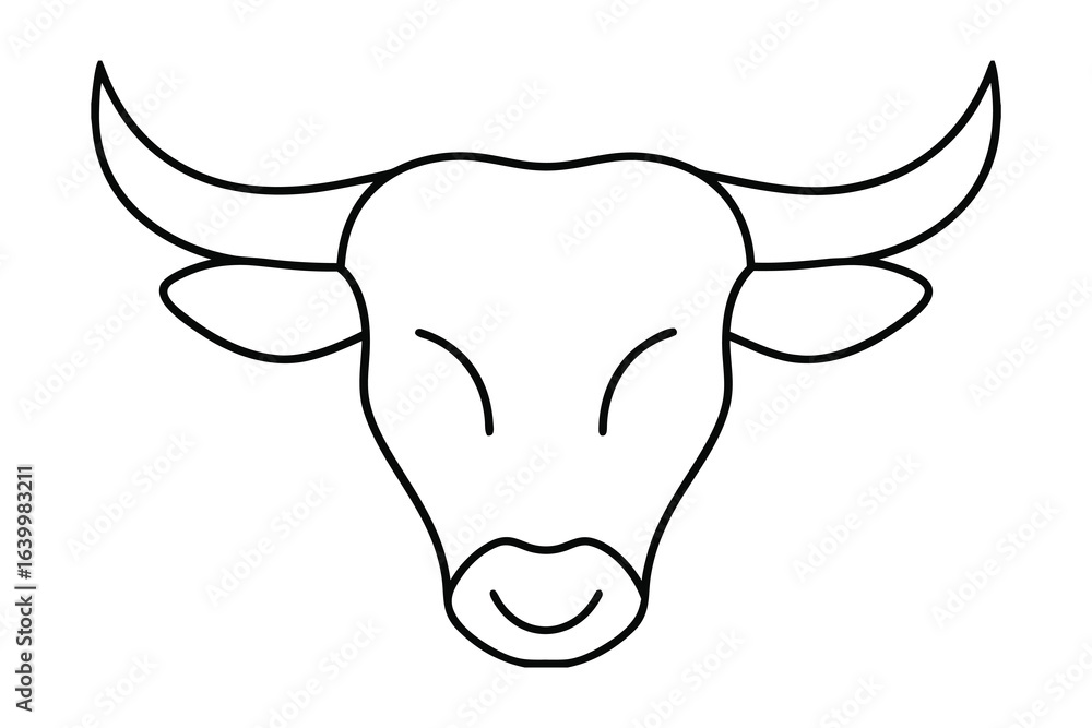 Fototapeta premium Minimalist line drawing a bull head with horns closed eyes animal